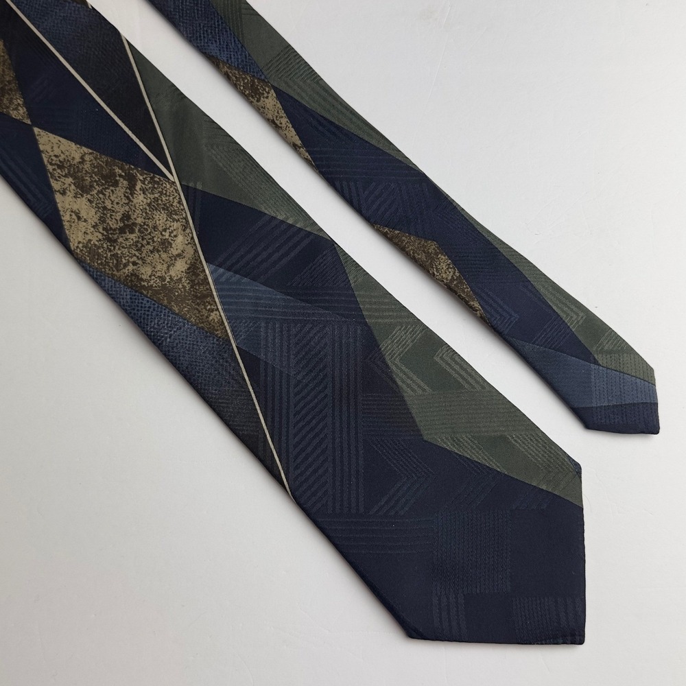 Puritan Mens Necktie Navy Blue Green Geometric Abstract Vintage Wide Silk-Look